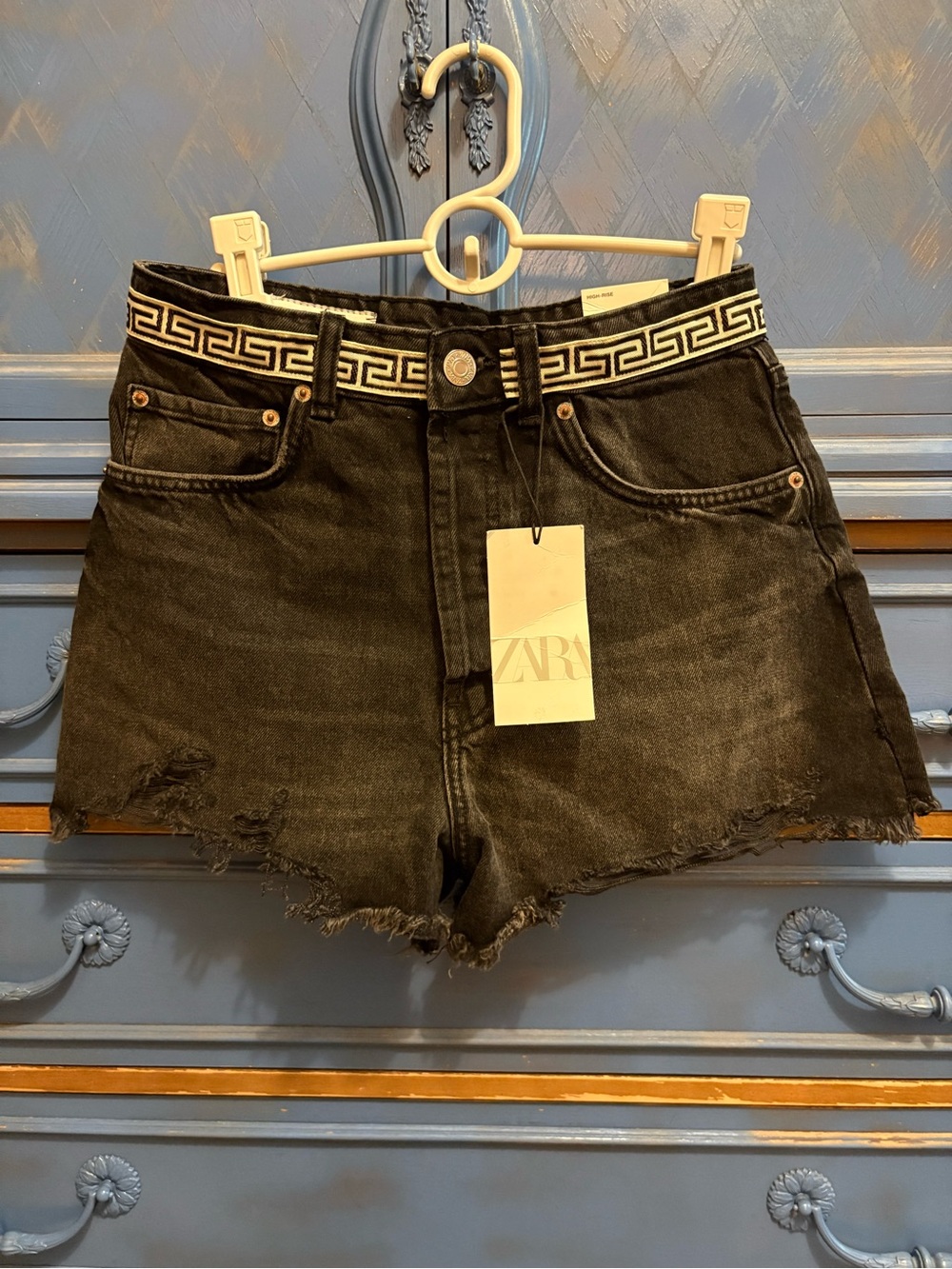 Zara Black Distressed Denim Shorts with Vintage Greek Ribbon Waistband Retro